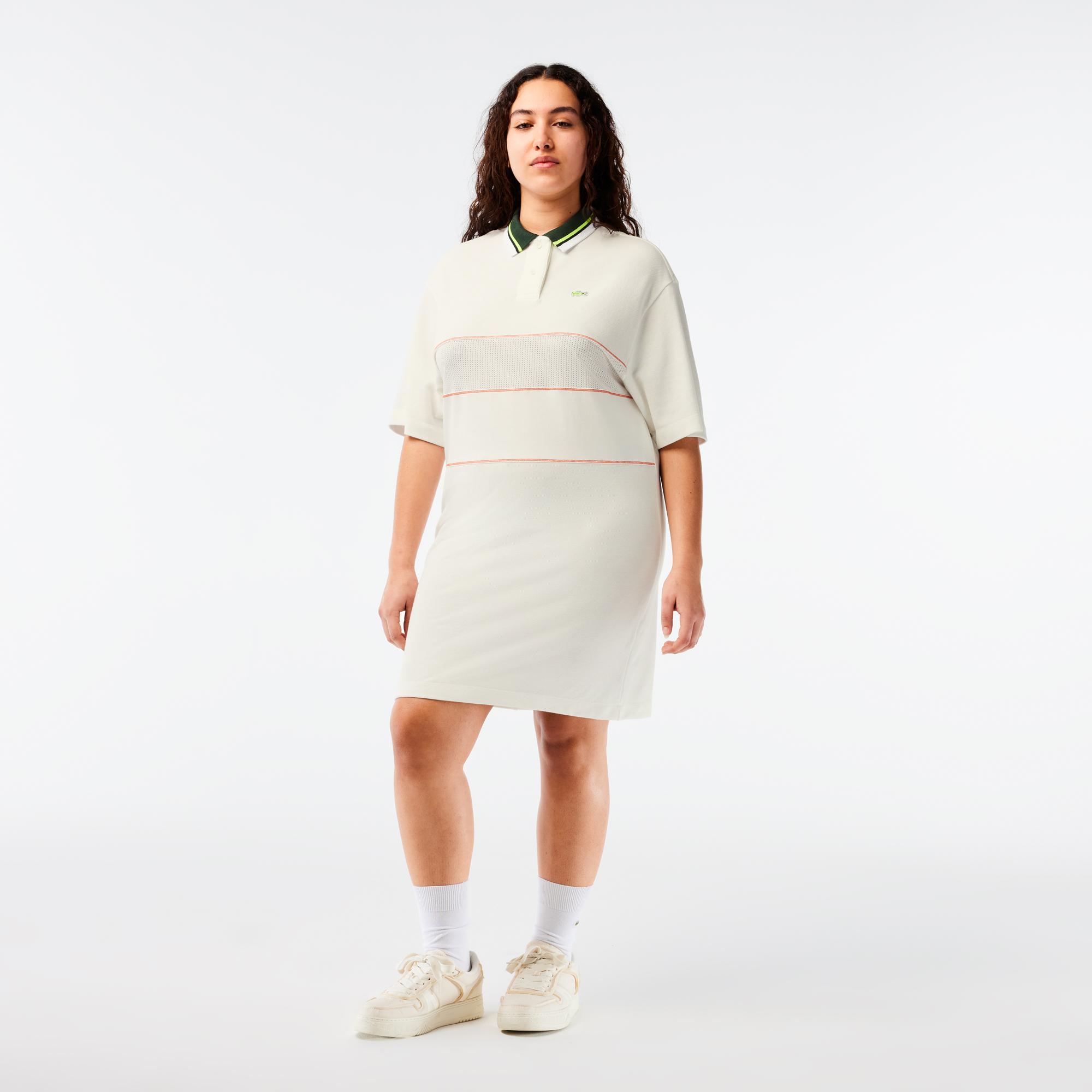 Kadın Kısa Kollu Polo Yaka Çizgili Beyaz Elbise