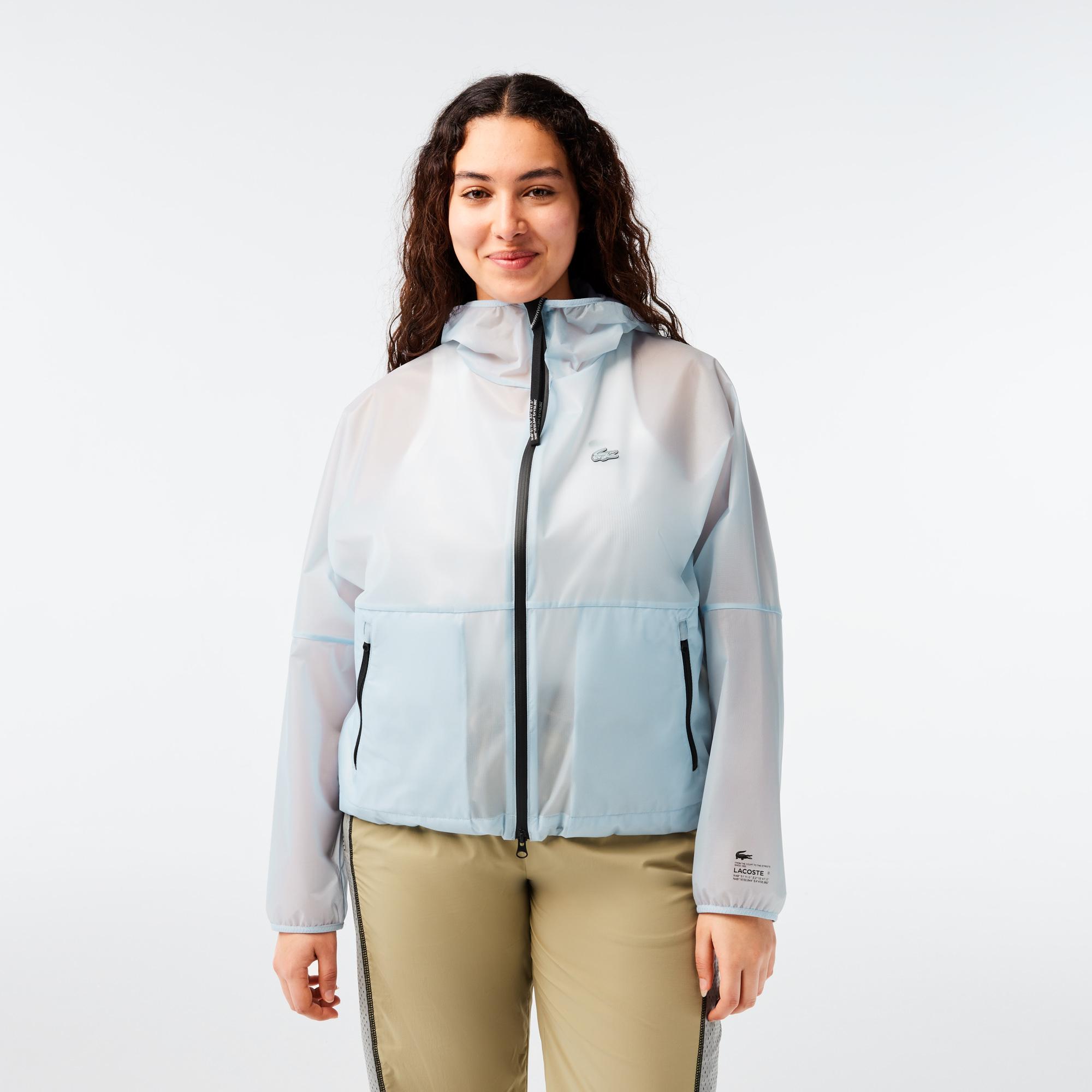 Kadın Kapüşonlu Baskılı Mavi Rüzgarlık