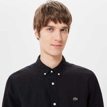  Lacoste Erkek Regular Fit Düğmeli Yaka Keten Siyah Gömlek