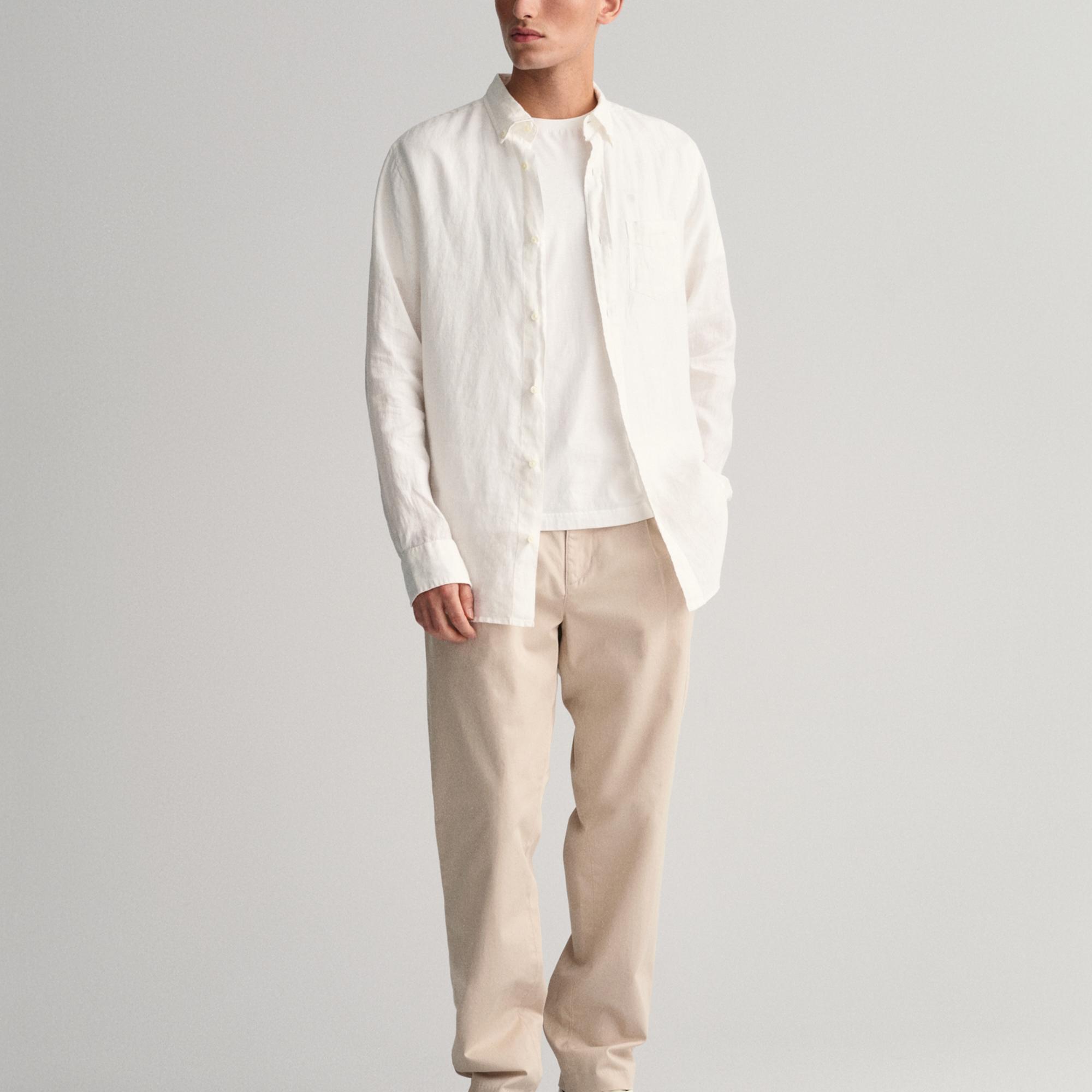 GANT Erkek Beyaz Regular Fit Keten Gömlek