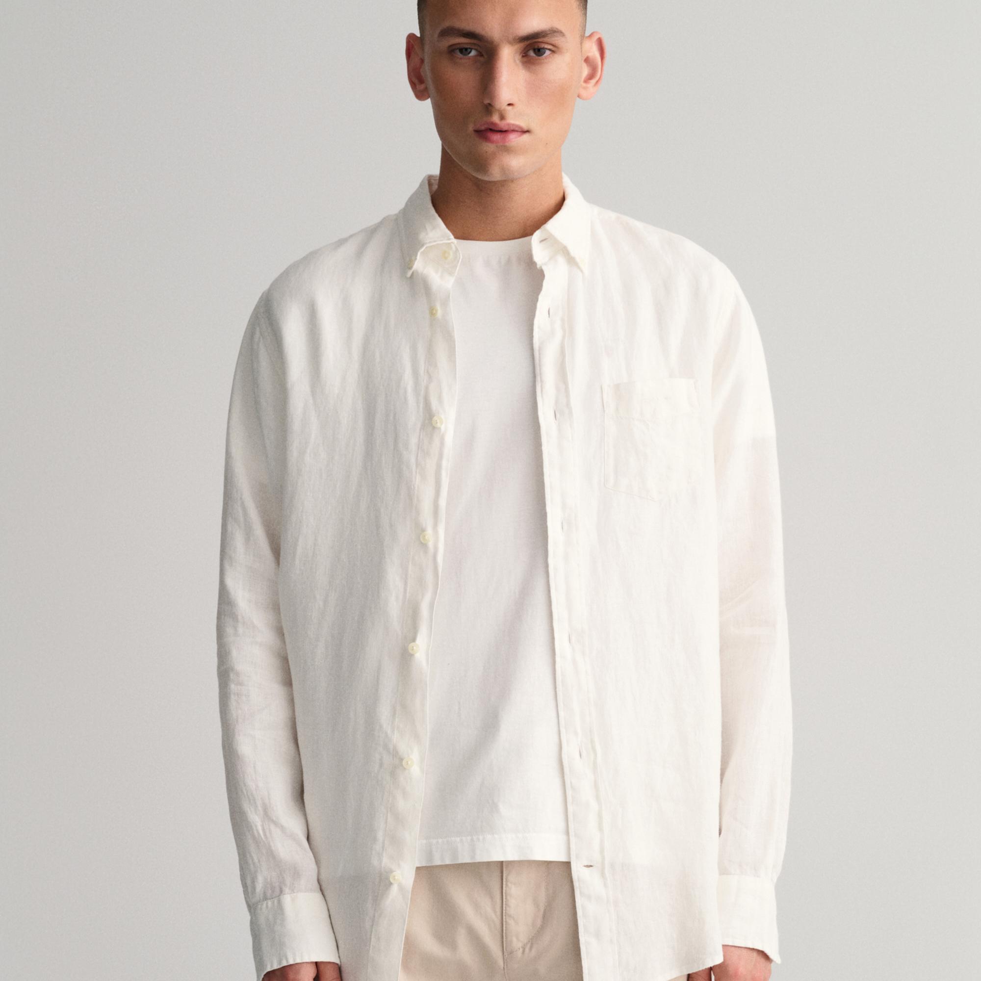 GANT Erkek Beyaz Regular Fit Keten Gömlek