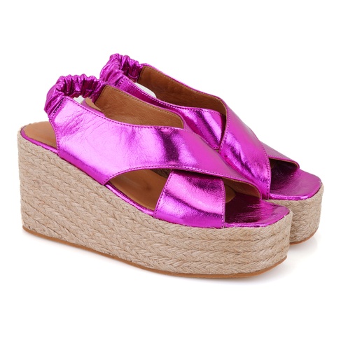  Kadın Fuşya Dolgu Topuklu Deri Sandalet