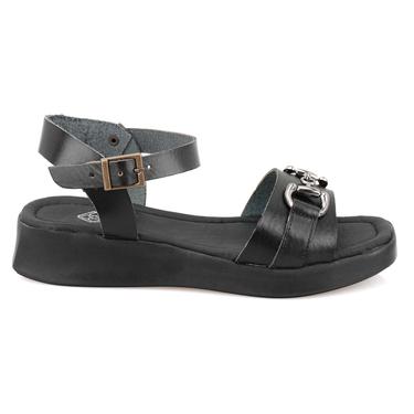  Kadın Siyah Ayarlanabilir Tokalı Deri Sandalet