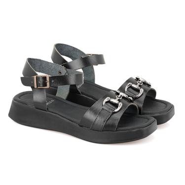  Kadın Siyah Ayarlanabilir Tokalı Deri Sandalet