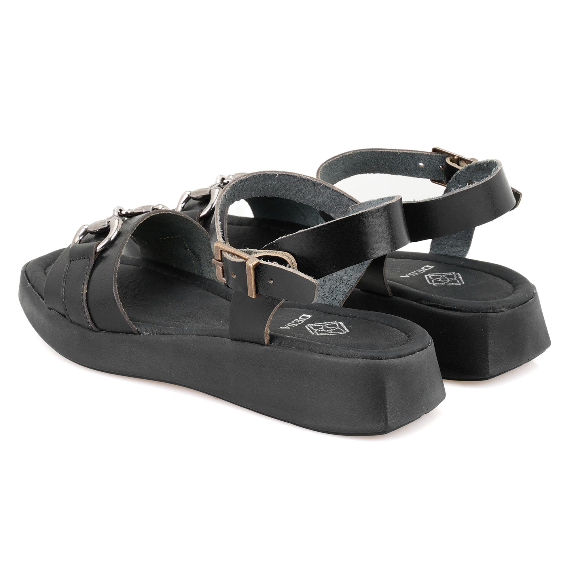 Kadın Siyah Ayarlanabilir Tokalı Deri Sandalet