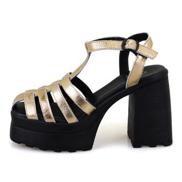 Kadın Altın Platform Topuklu Deri Sandalet