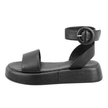  Kadın Siyah Ayarlanabilir Tokalı Deri Sandalet