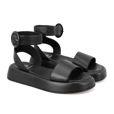  Kadın Siyah Ayarlanabilir Tokalı Deri Sandalet