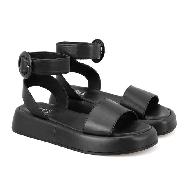  Kadın Siyah Ayarlanabilir Tokalı Deri Sandalet