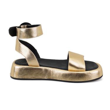  Kadın Altın Ayarlanabilir Tokalı Deri Sandalet