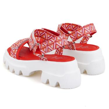  Kadın Kırmızı Monogram Desenli Dolgu Topuklu Sandalet