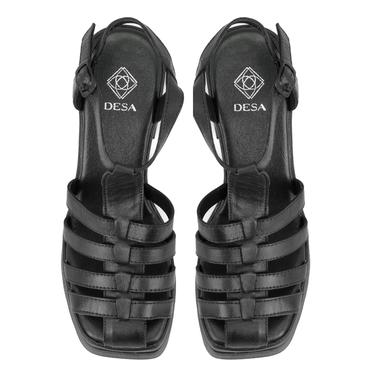  Kadın Siyah Platform Topuklu Deri Sandalet