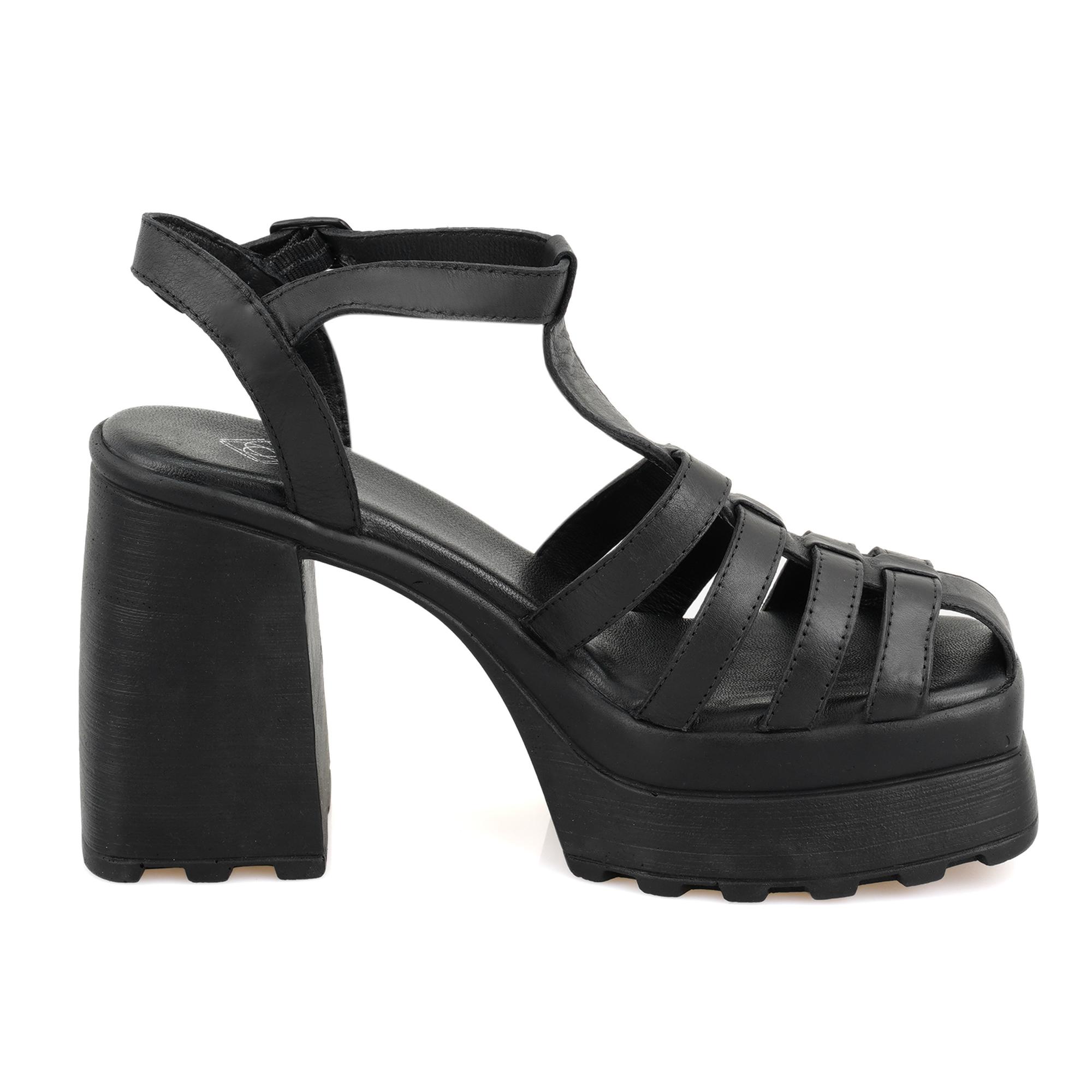 Kadın Siyah Platform Topuklu Deri Sandalet