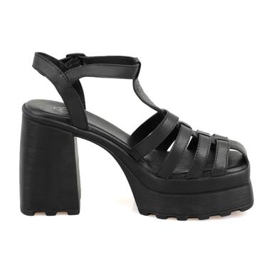  Kadın Siyah Platform Topuklu Deri Sandalet