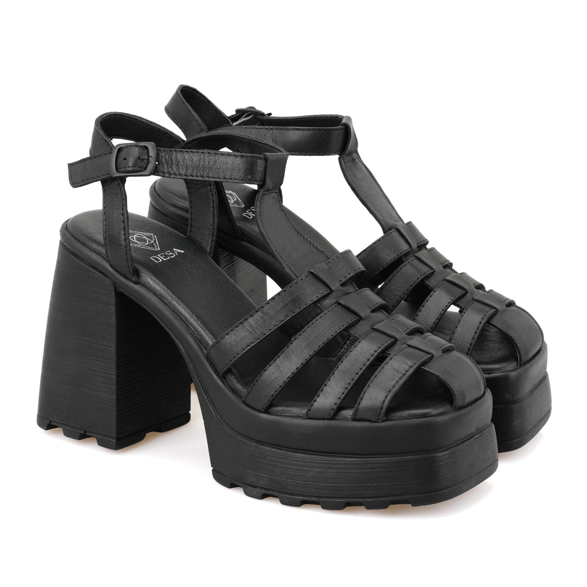 Kadın Siyah Platform Topuklu Deri Sandalet