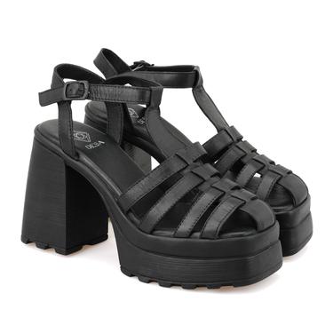  Kadın Siyah Platform Topuklu Deri Sandalet