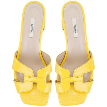  Kadın Sarı Kroko Baskılı Topuklu Deri Terlik