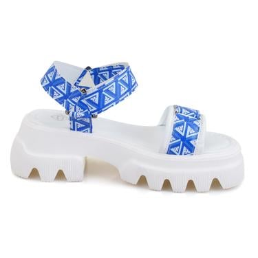  Kadın Mavi Monogram Desenli Dolgu Topuklu Sandalet