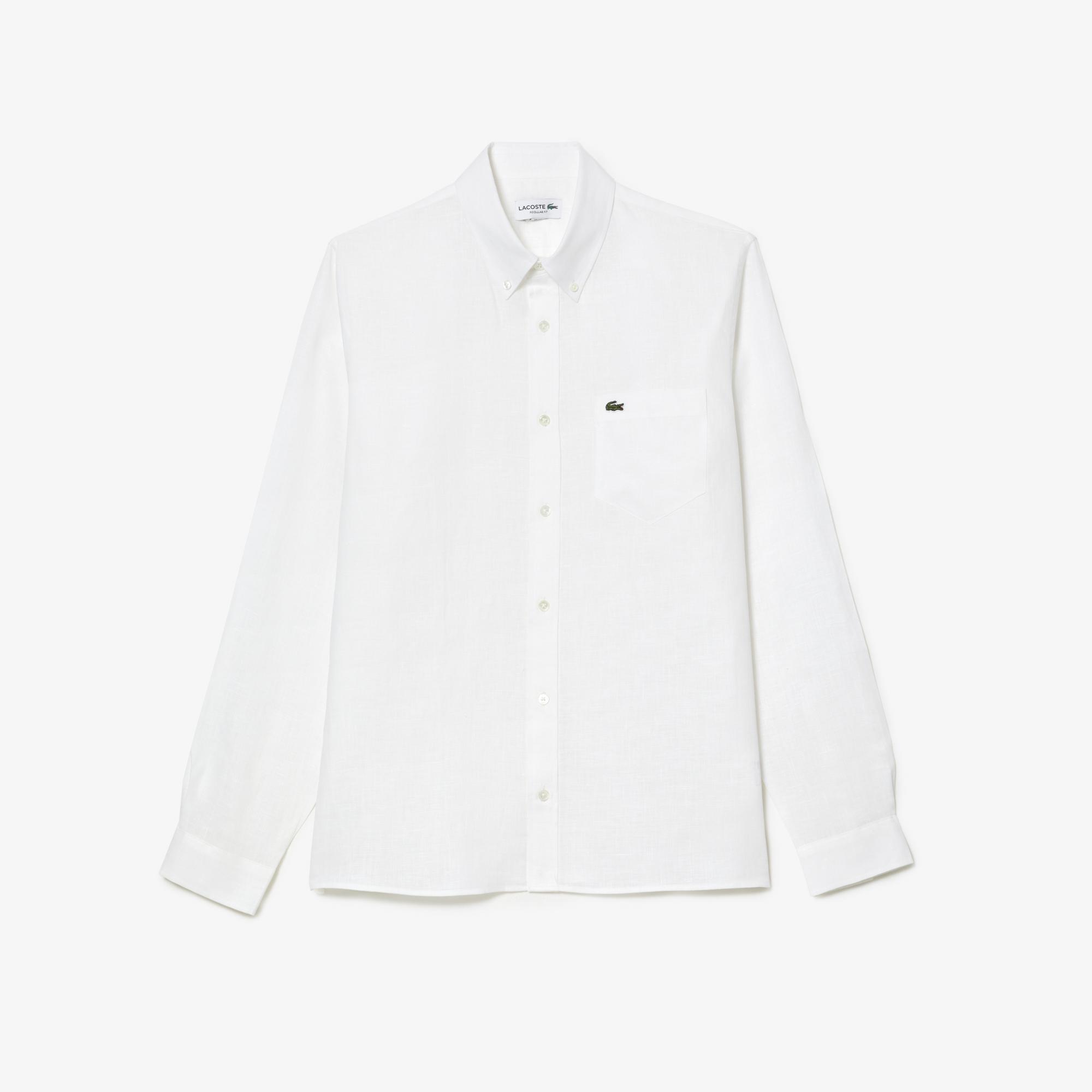 Lacoste Erkek Regular Fit Düğmeli Yaka Keten Beyaz Gömlek