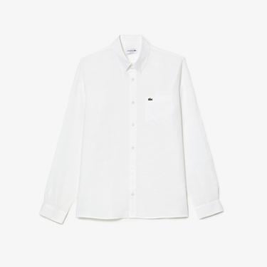  Lacoste Erkek Regular Fit Düğmeli Yaka Keten Beyaz Gömlek