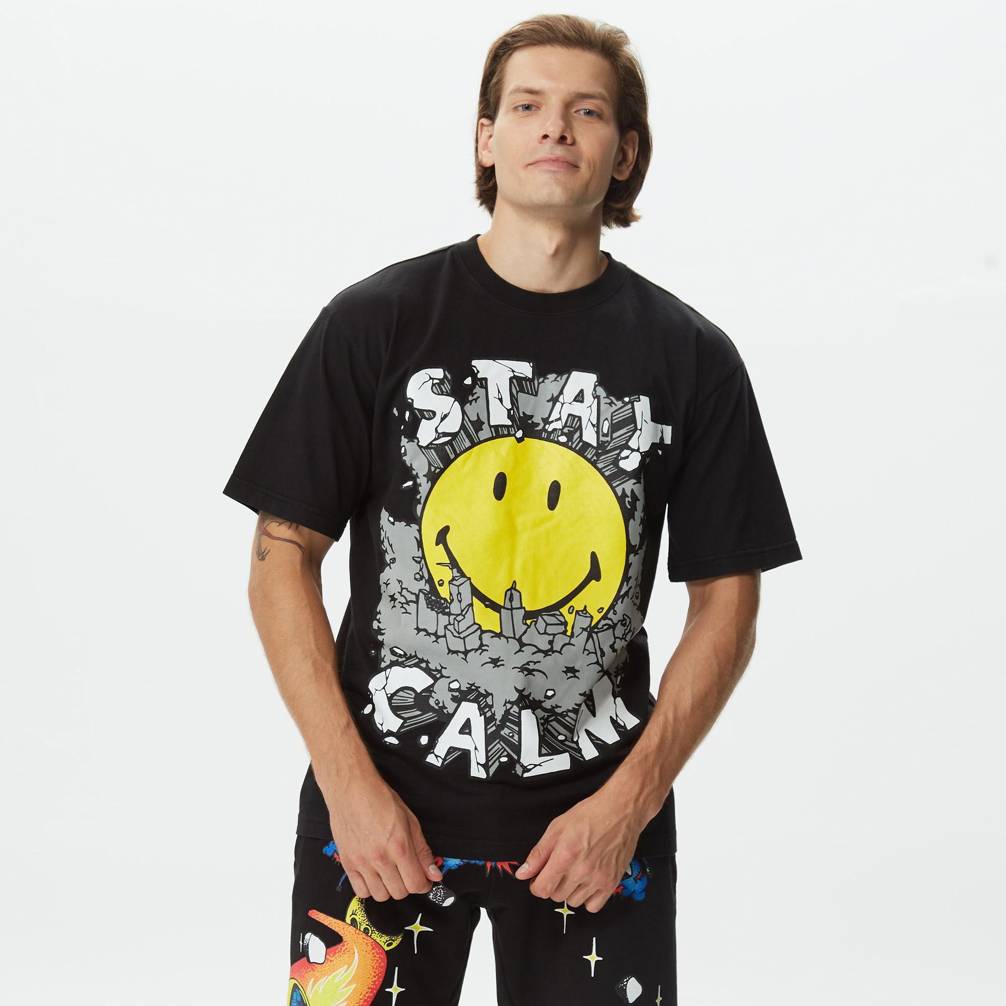 Market Smiley Stay Calm Erkek Siyah T-Shirt