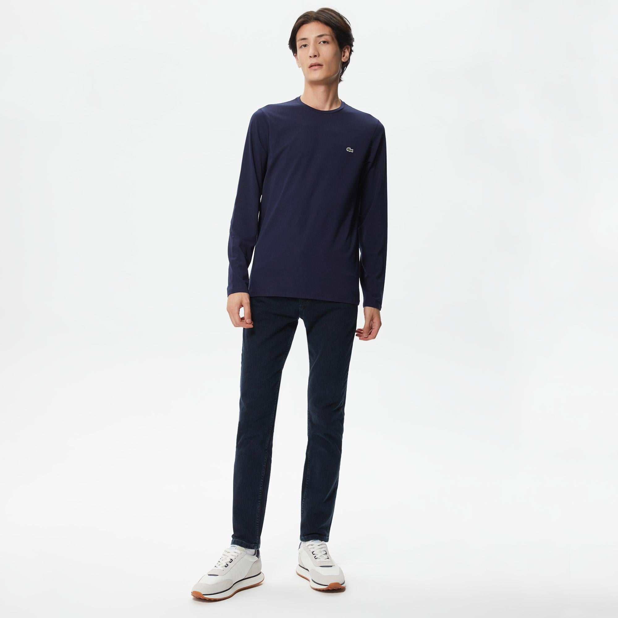 Erkek Slim Fit Uzun Kollu Bisiklet Yaka Lacivert T-Shirt