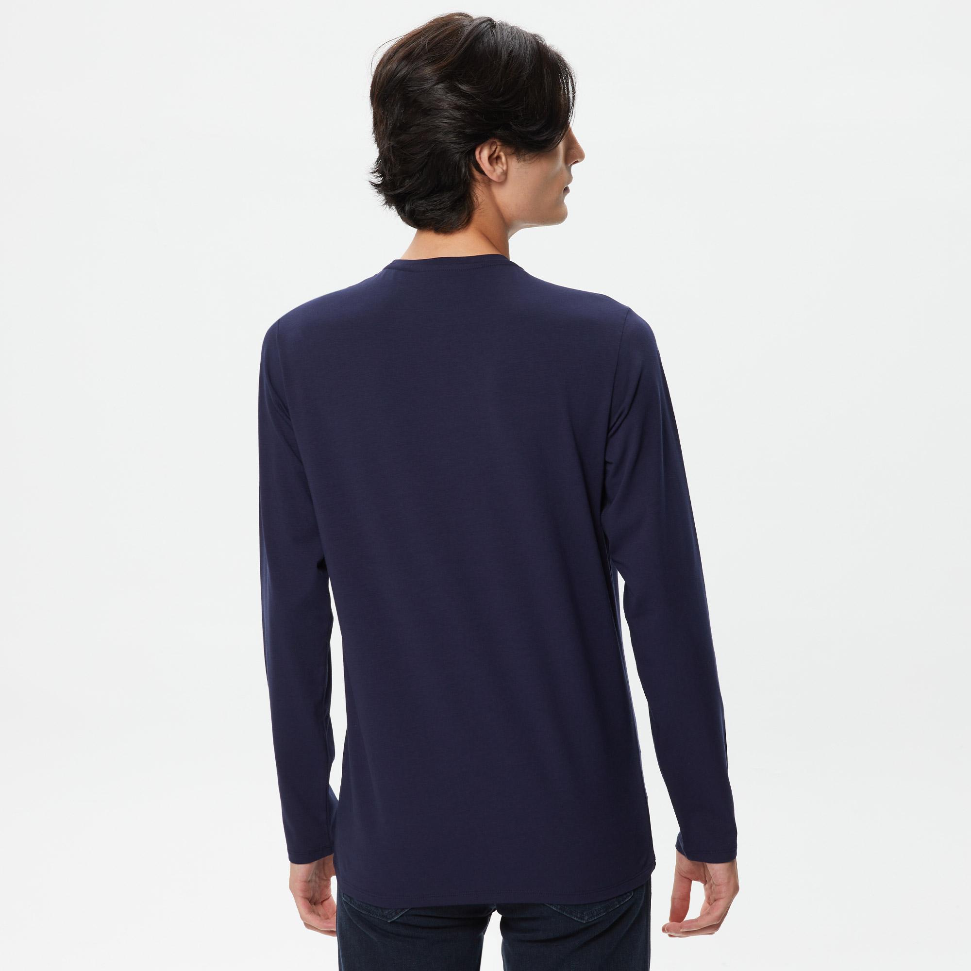 Erkek Slim Fit Uzun Kollu Bisiklet Yaka Lacivert T-Shirt