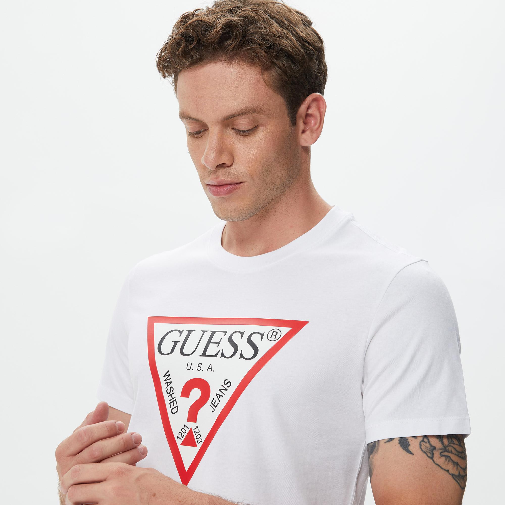 Guess Original Logo Mid Organic Stream Jersey Erkek Beyaz T-Shirt