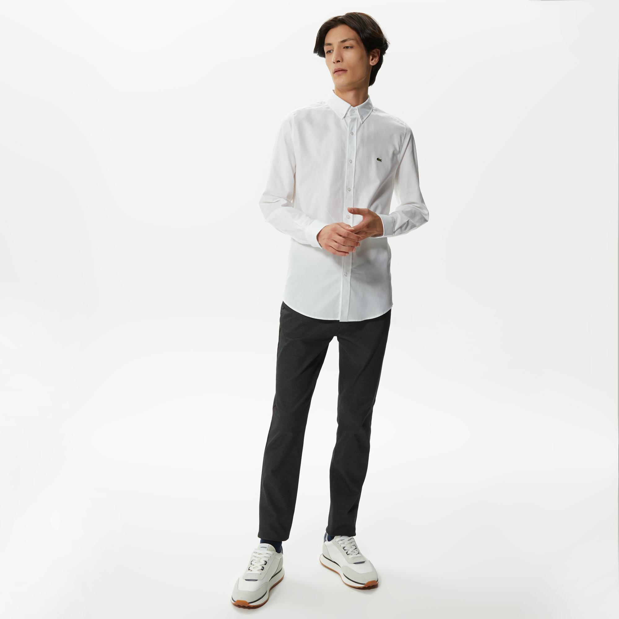 Erkek Slim Fit Düğmeli Yaka Beyaz Gömlek