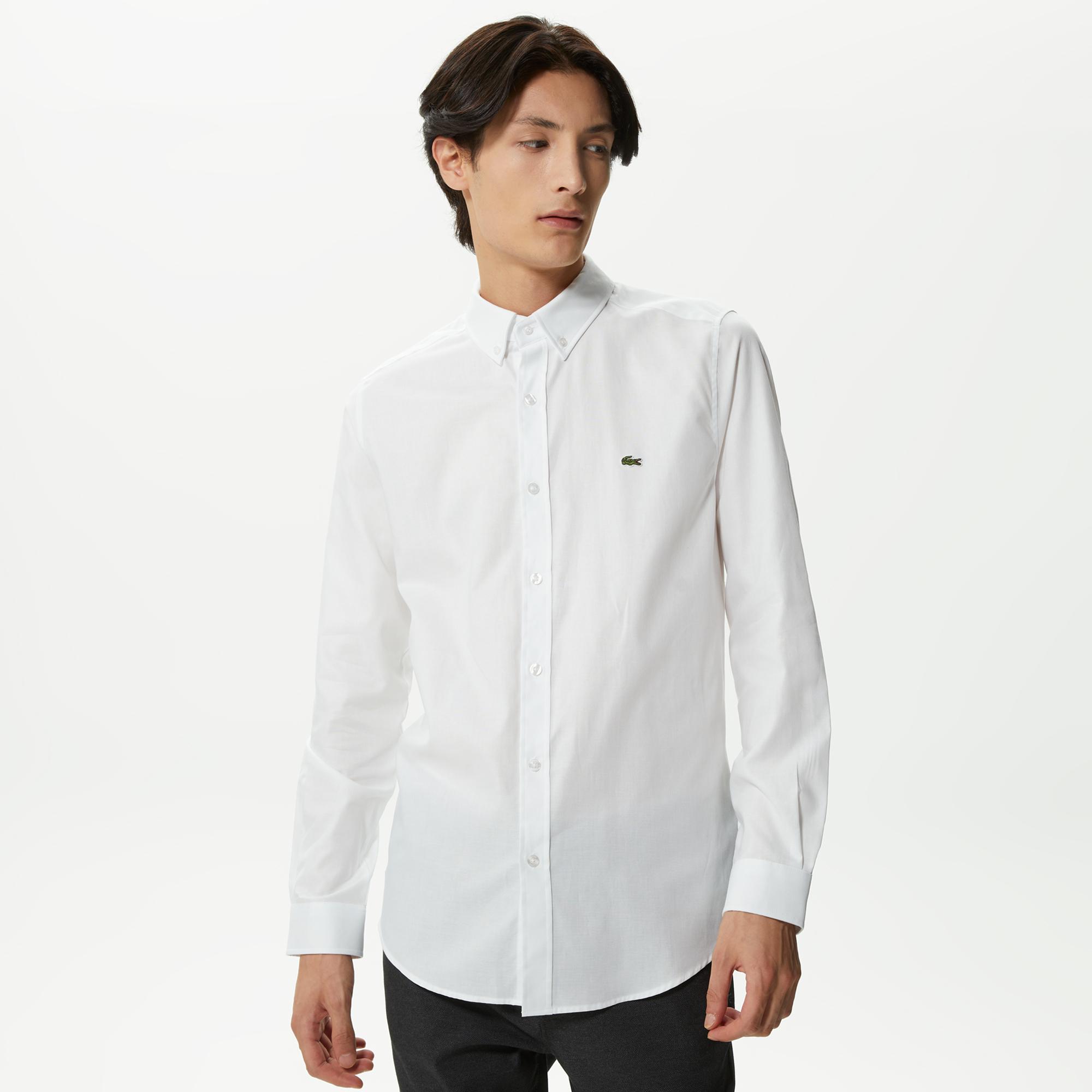 Erkek Slim Fit Düğmeli Yaka Beyaz Gömlek