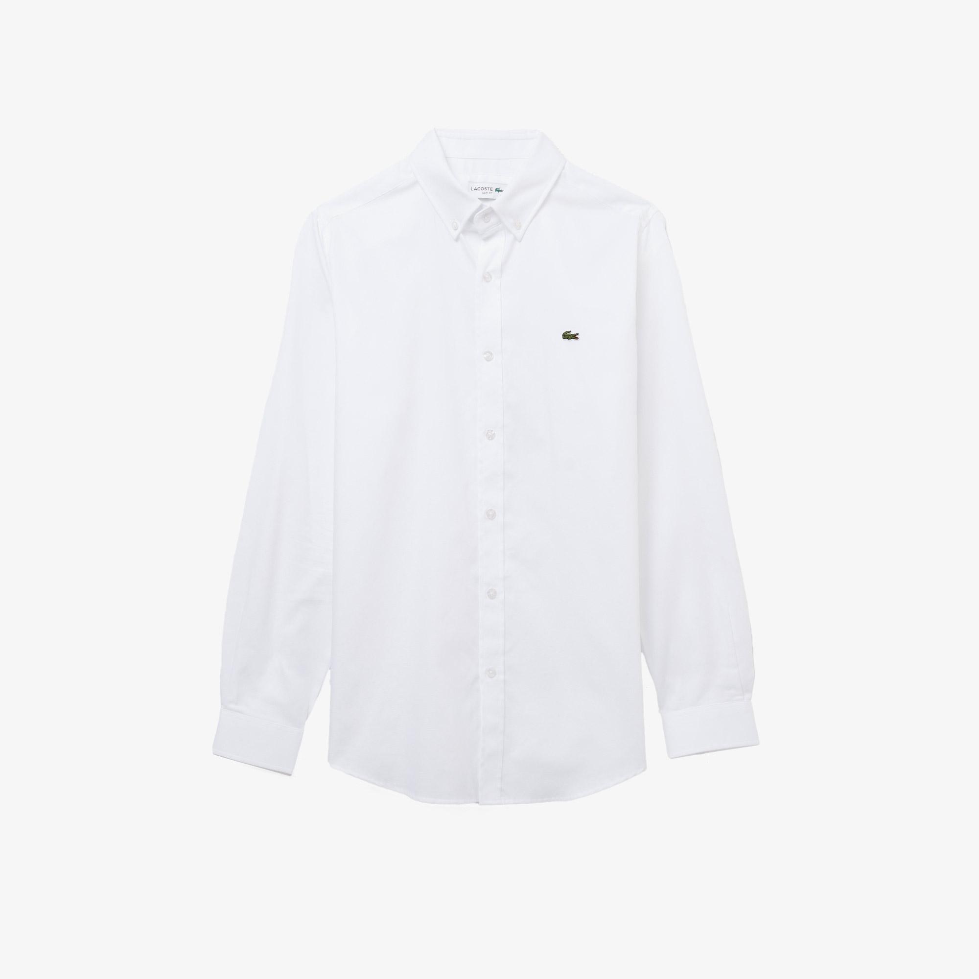 Erkek Slim Fit Düğmeli Yaka Beyaz Gömlek