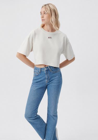  Mavi Mavi Logo Baskılı Bej Crop Tişört Crop / Kısa Kesim 1611585-70136