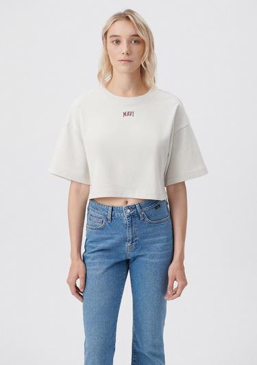  Mavi Mavi Logo Baskılı Bej Crop Tişört Crop / Kısa Kesim 1611585-70136