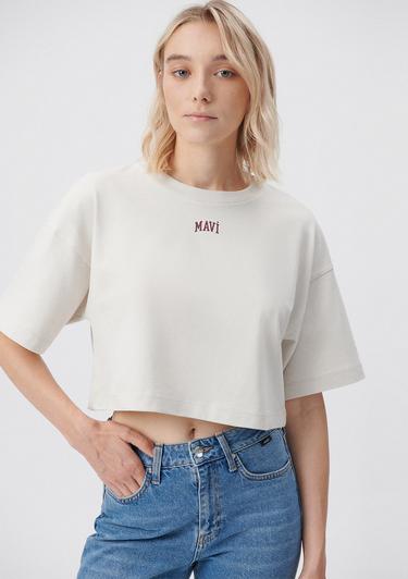  Mavi Mavi Logo Baskılı Bej Crop Tişört Crop / Kısa Kesim 1611585-70136