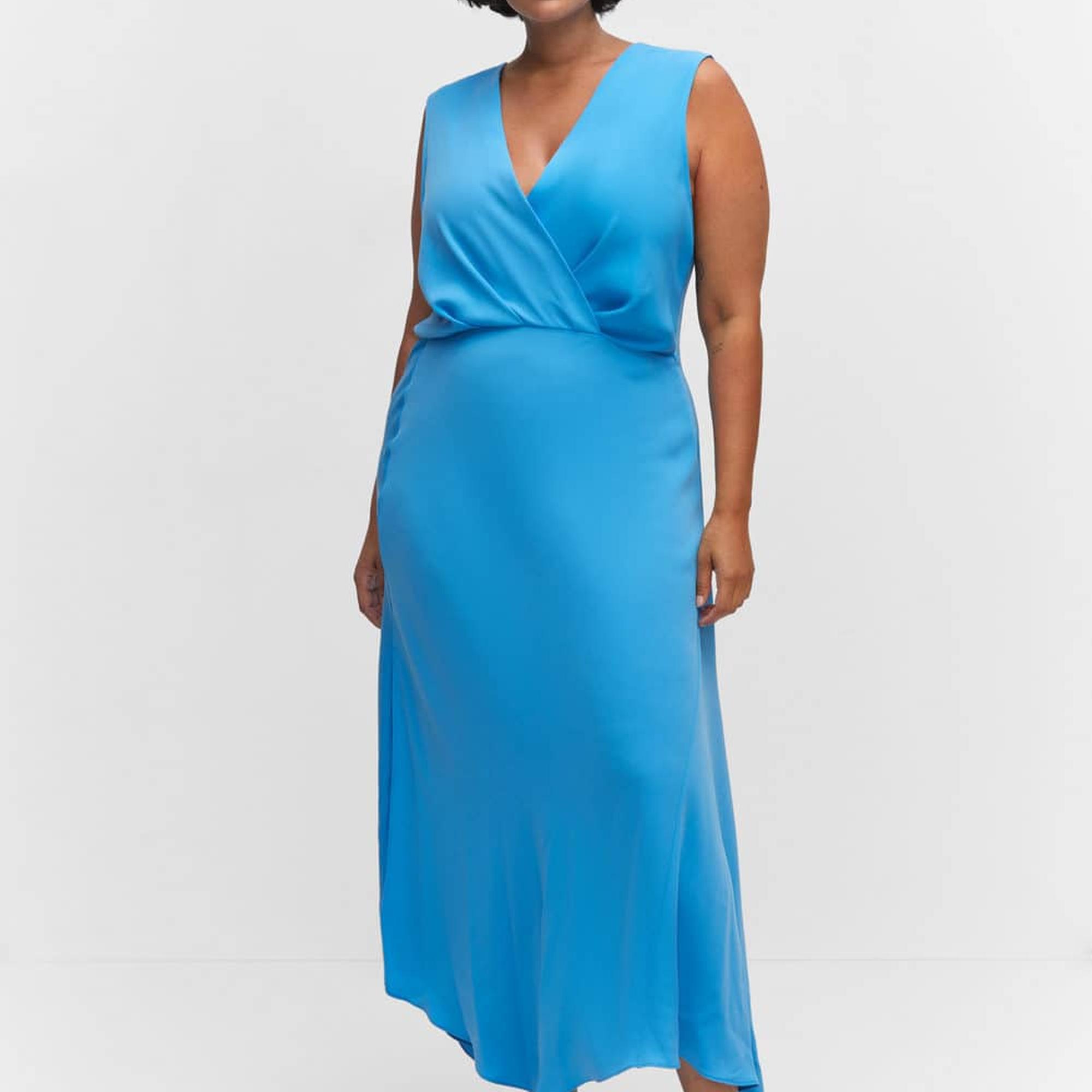 Mango Kadın Yan Yırtmaçlı Asimetrik Elbise Turkuaz