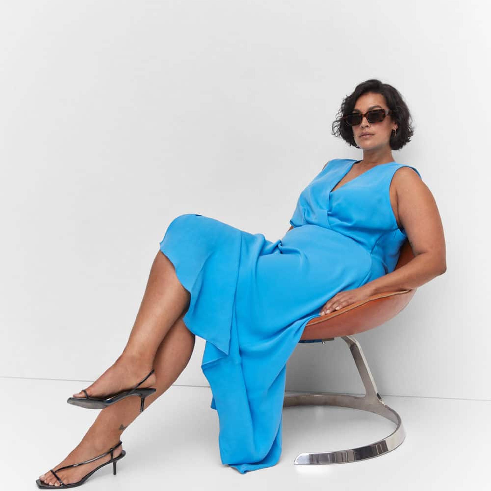 Mango Kadın Yan Yırtmaçlı Asimetrik Elbise Turkuaz