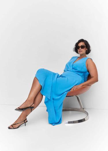  Mango Kadın Yan Yırtmaçlı Asimetrik Elbise Turkuaz