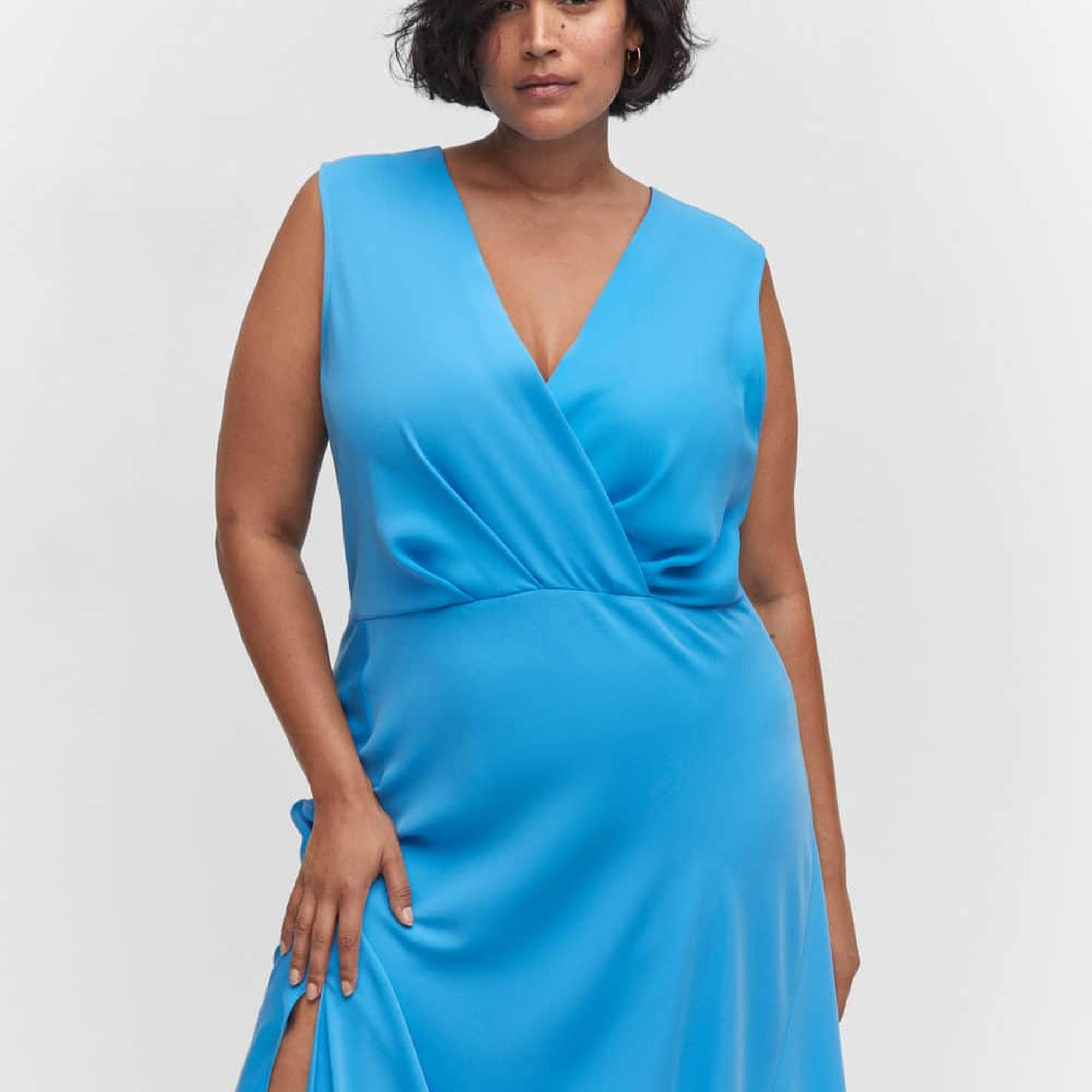 Mango Kadın Yan Yırtmaçlı Asimetrik Elbise Turkuaz