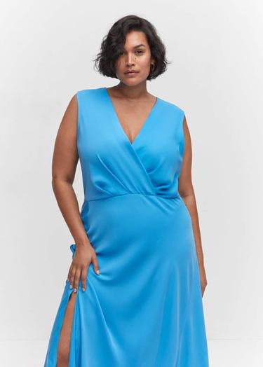  Mango Kadın Yan Yırtmaçlı Asimetrik Elbise Turkuaz