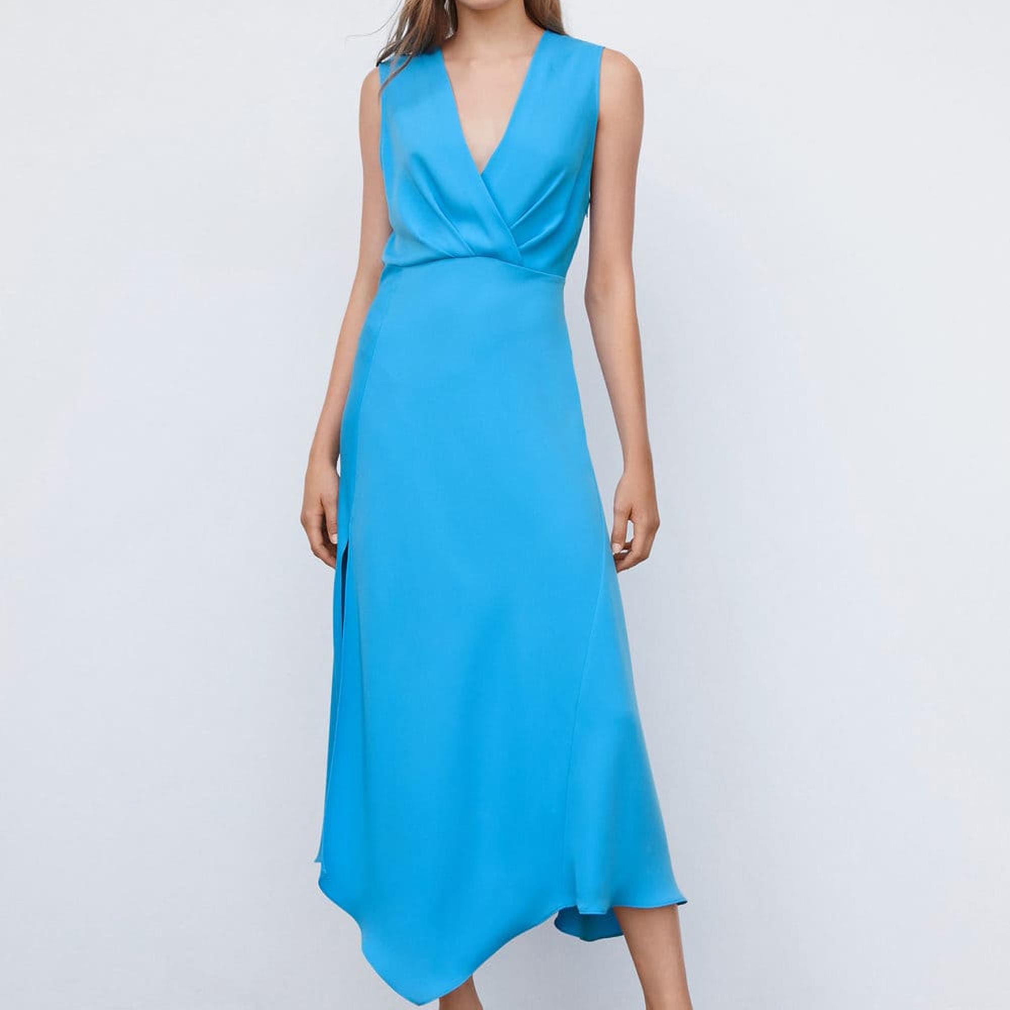 Mango Kadın Yan Yırtmaçlı Asimetrik Elbise Turkuaz