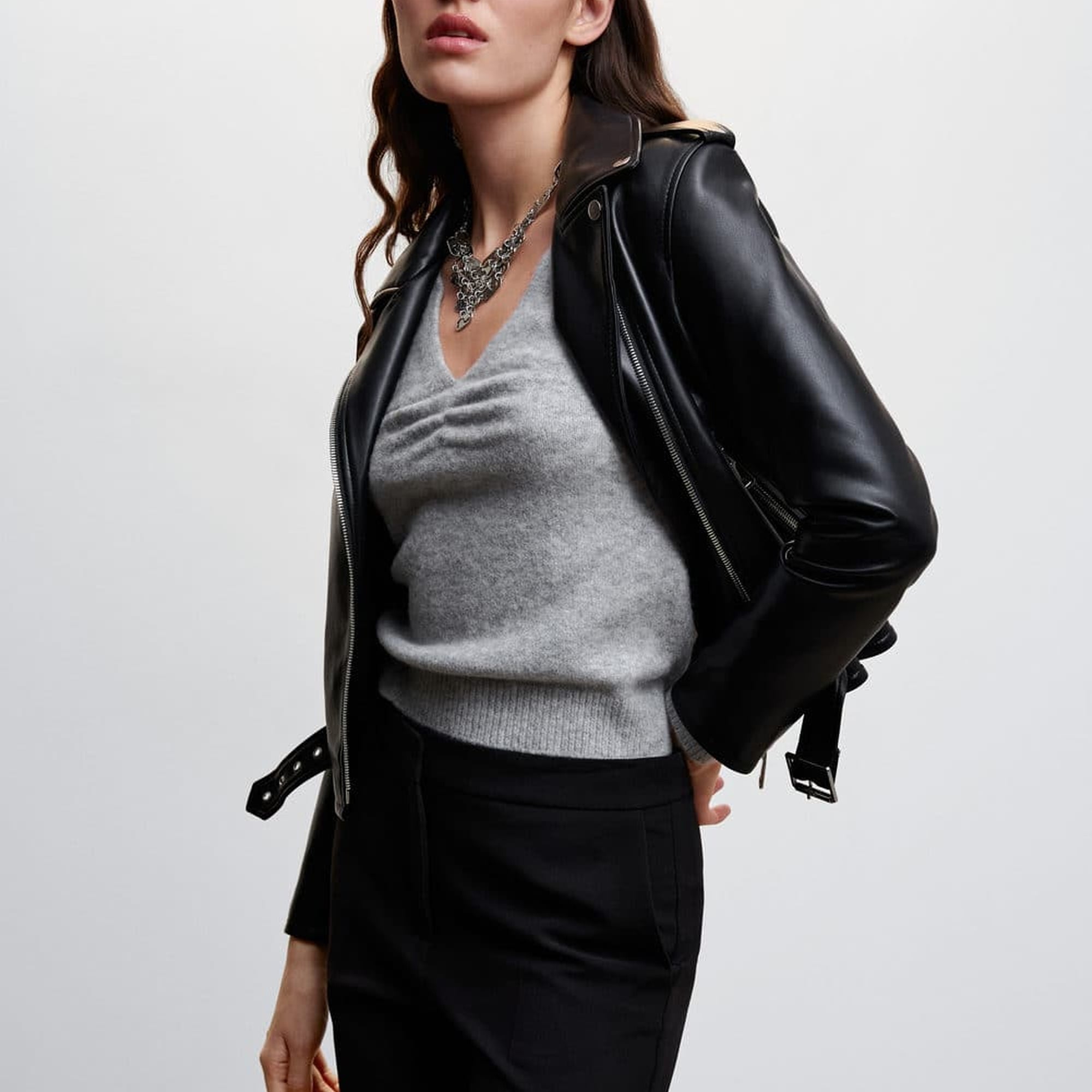 Mango Kadın Deri Görünümlü Biker Ceket Siyah