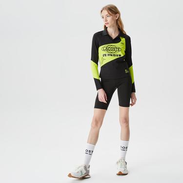  Lacoste Active Kadın Slim Fit Uzun Kollu Baskılı Siyah Polo