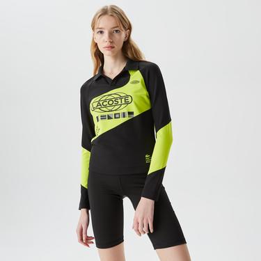  Lacoste Active Kadın Slim Fit Uzun Kollu Baskılı Siyah Polo
