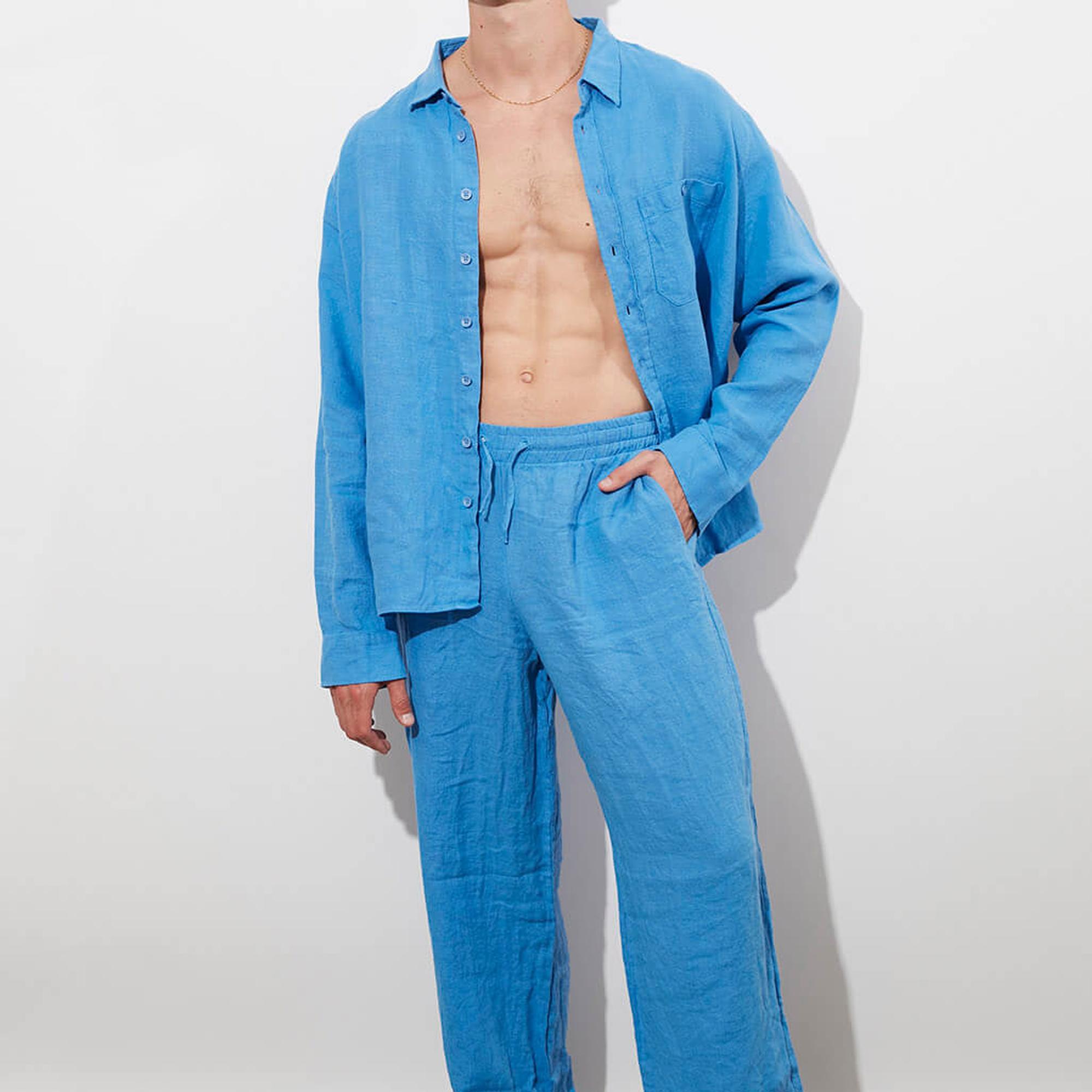 Lastikli %100 Keten Pantolon