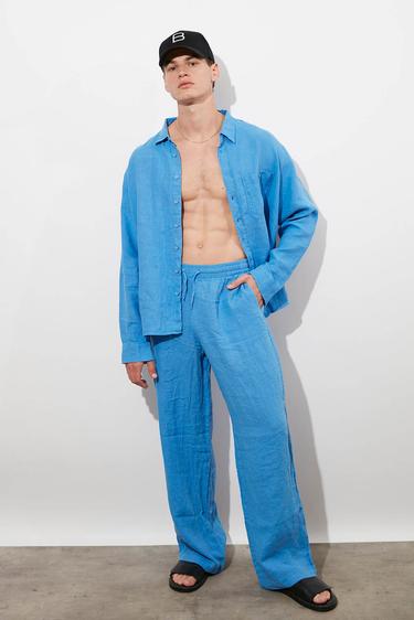  Lastikli %100 Keten Pantolon