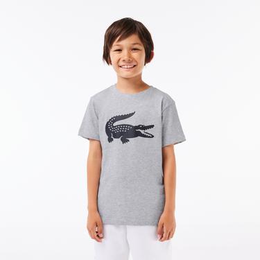  Lacoste Erkek Çocuk Bisiklet Yaka Baskılı Gri T-Shirt