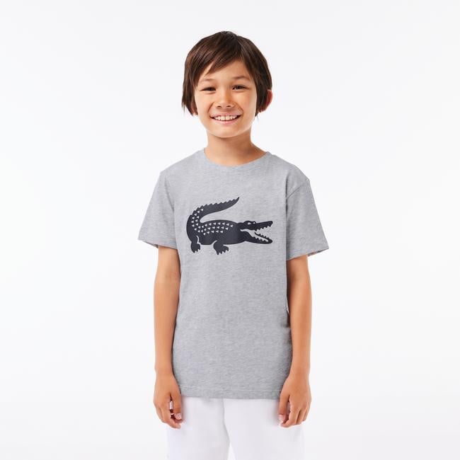  Lacoste Erkek Çocuk Bisiklet Yaka Baskılı Gri T-Shirt