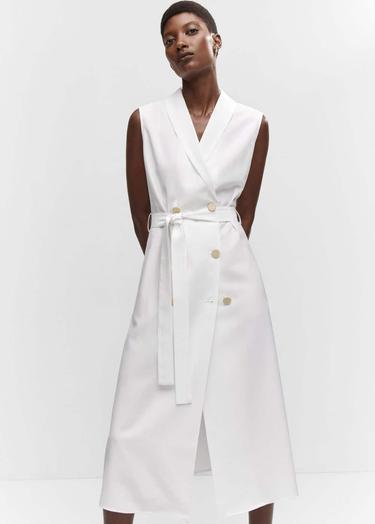 Mango Kadın Anvelop Kesimli Düğmeli Elbise Beyaz