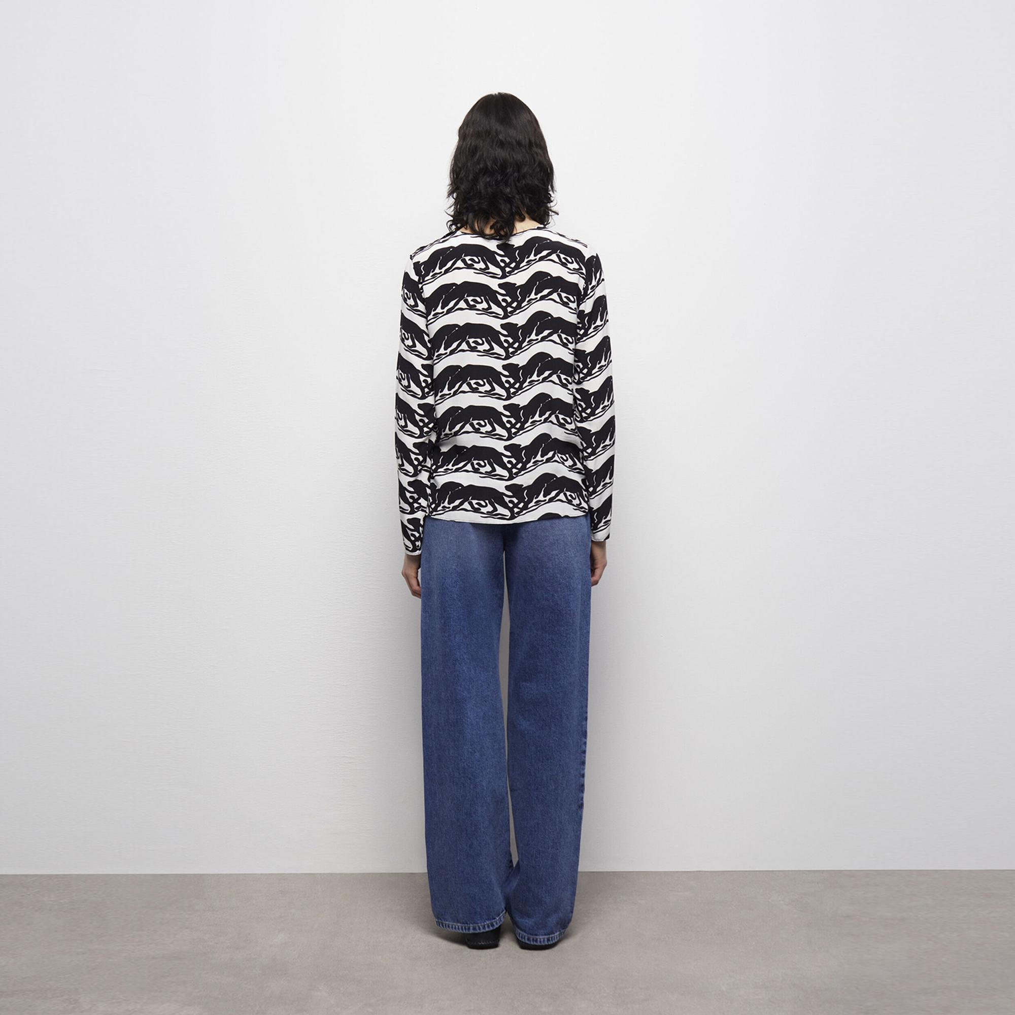 KADIN PANTER BASKILI SİYAH BLUZ