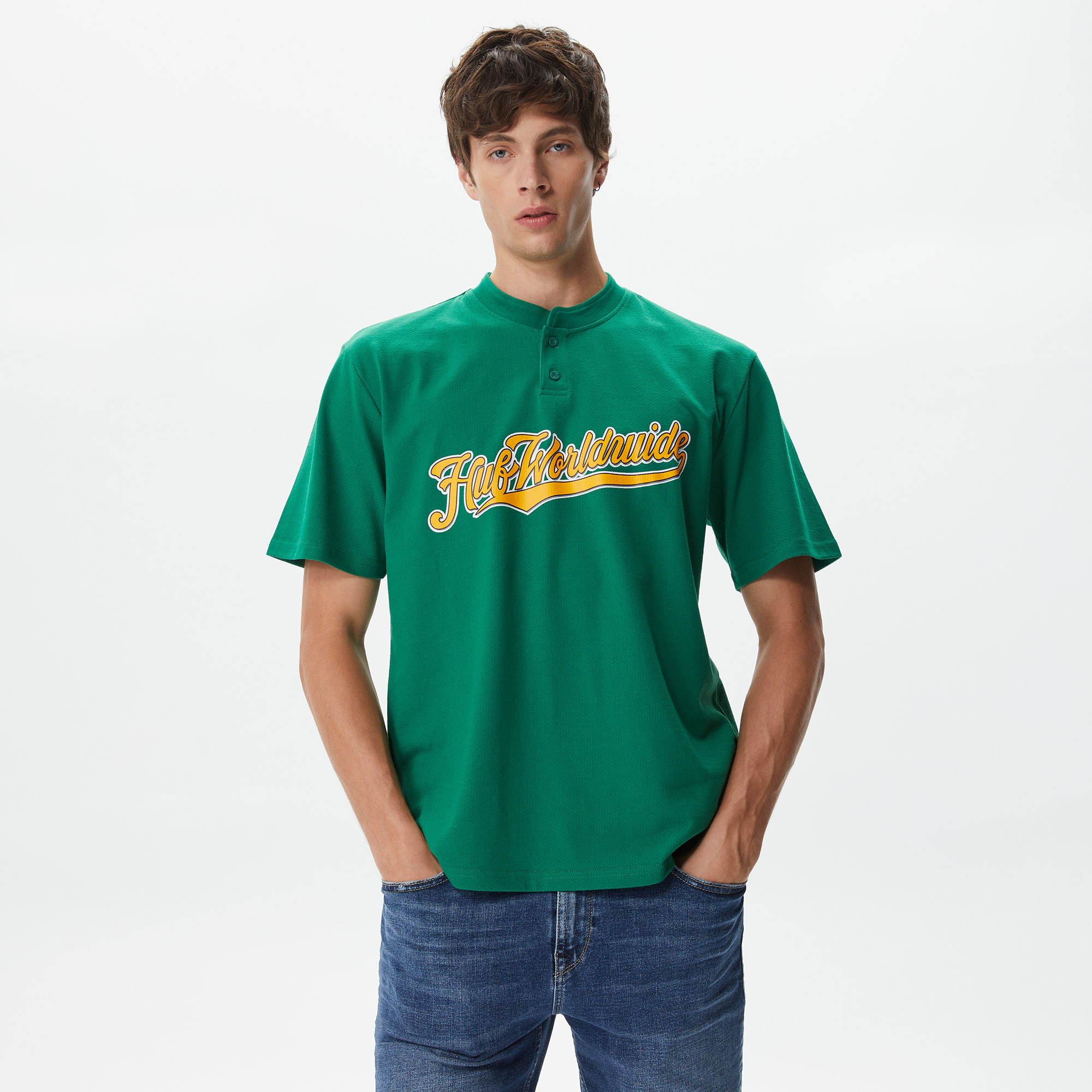  Huf Harlan Baseball Henley Erkek Yeşil T-Shirt